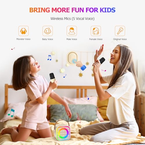 YLYYCC Mini Karaoke Machine for Kids: Portable Bluetooth Speaker with 2 Wireless Microphones, Rechargeable, 8-10 Hour Battery, Voice Changer, Travel Toy for Ages 3+