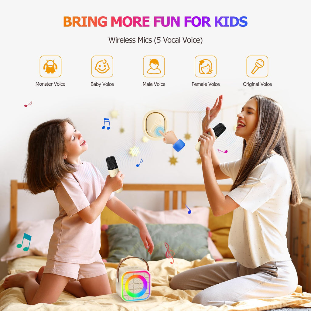 YLYYCC Mini Karaoke Machine for Kids: Portable Bluetooth Speaker with 2 Wireless Microphones, Rechargeable, 8-10 Hour Battery, Voice Changer, Travel Toy for Ages 3+