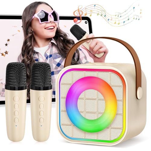 YLYYCC Mini Karaoke Machine for Kids: Portable Bluetooth Speaker with 2 Wireless Microphones, Rechargeable, 8-10 Hour Battery, Voice Changer, Travel Toy for Ages 3+