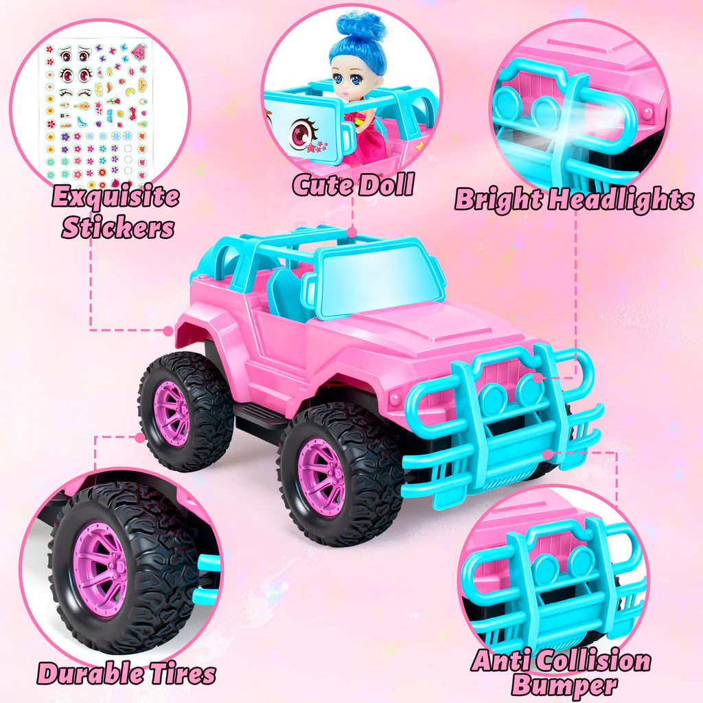 Ynybusi 1:20 Scale RC Monster Truck with LED Lights, DIY Stickers, and Doll Seat for Kids Ages 6-10