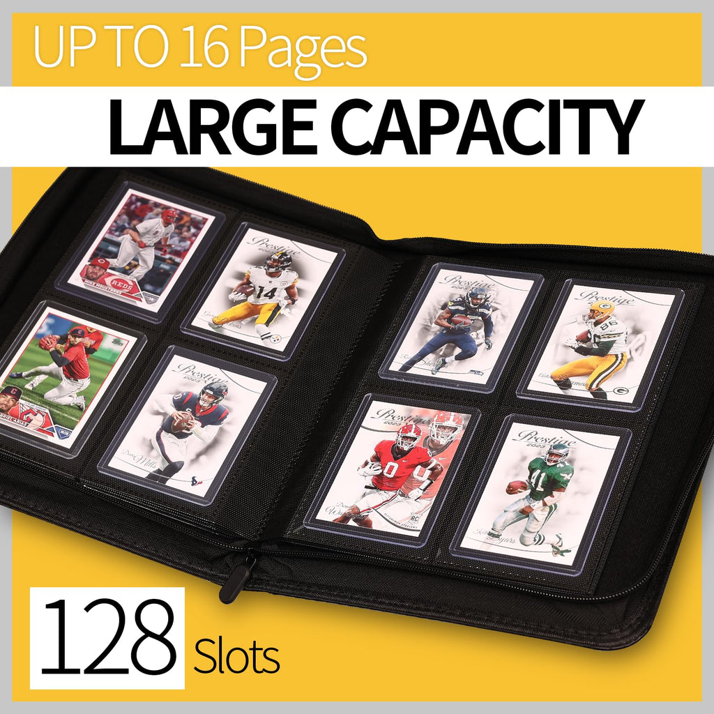 Yodamiack Toploader Binder – Holds 128 Cards in 3"x4" Sleeves, Water-Resistant PU Leather, Ringless Double-Sided Pages, Carbon Black