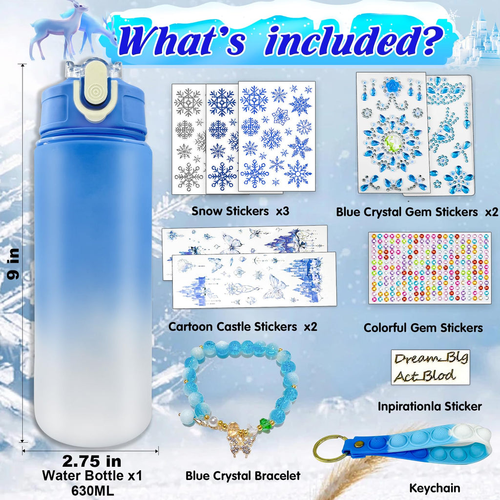 YOFUN Frozen Water Bottle Craft Kit for Girls – Decorate Your Own 630ml Leak-Proof Bottle with Stickers & Fidget Keychain, Ages 3-8