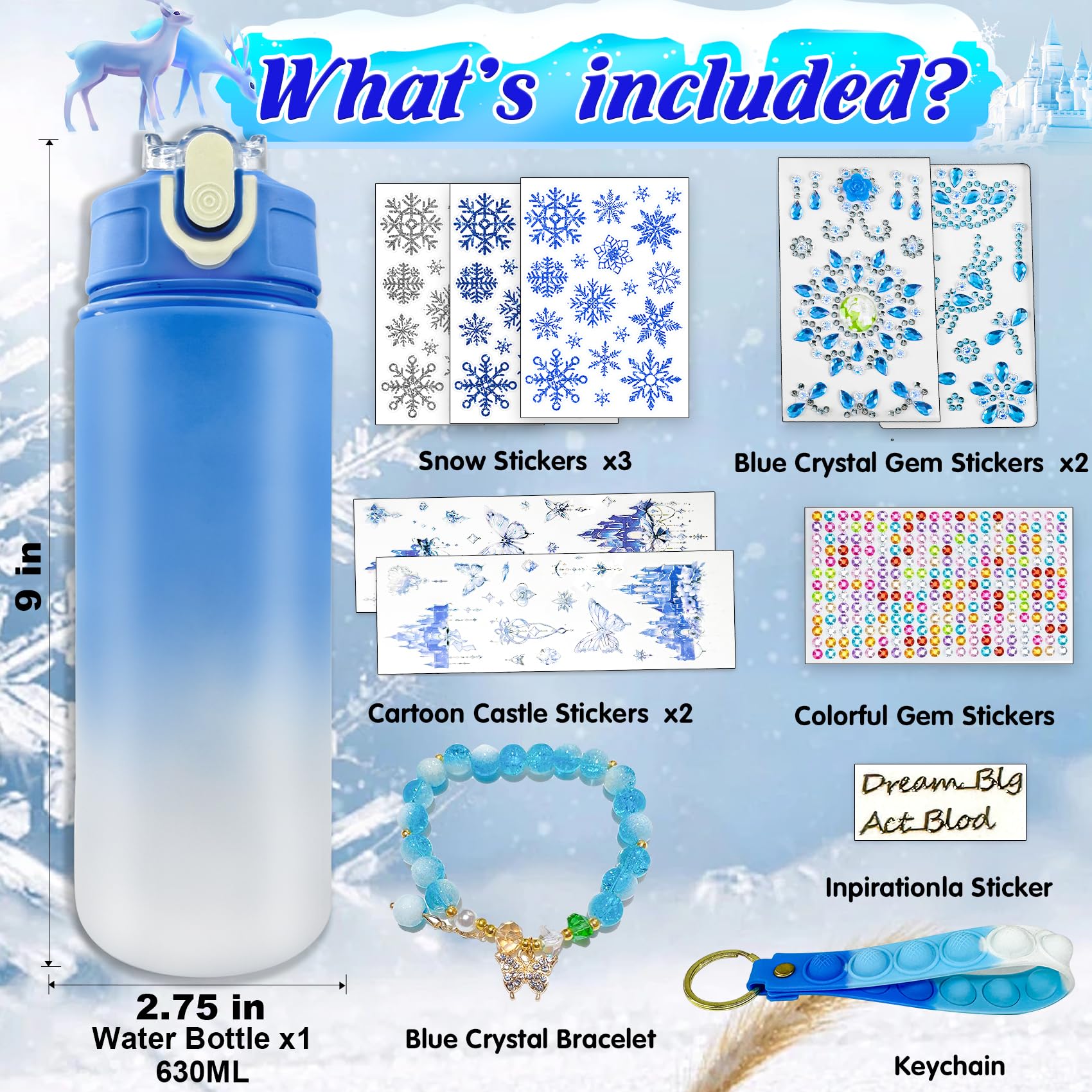 YOFUN Frozen Water Bottle Craft Kit for Girls – Decorate Your Own 630ml Leak-Proof Bottle with Stickers & Fidget Keychain, Ages 3-8
