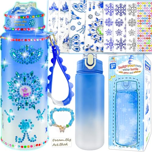 YOFUN Frozen Water Bottle Craft Kit for Girls – Decorate Your Own 630ml Leak-Proof Bottle with Stickers & Fidget Keychain, Ages 3-8