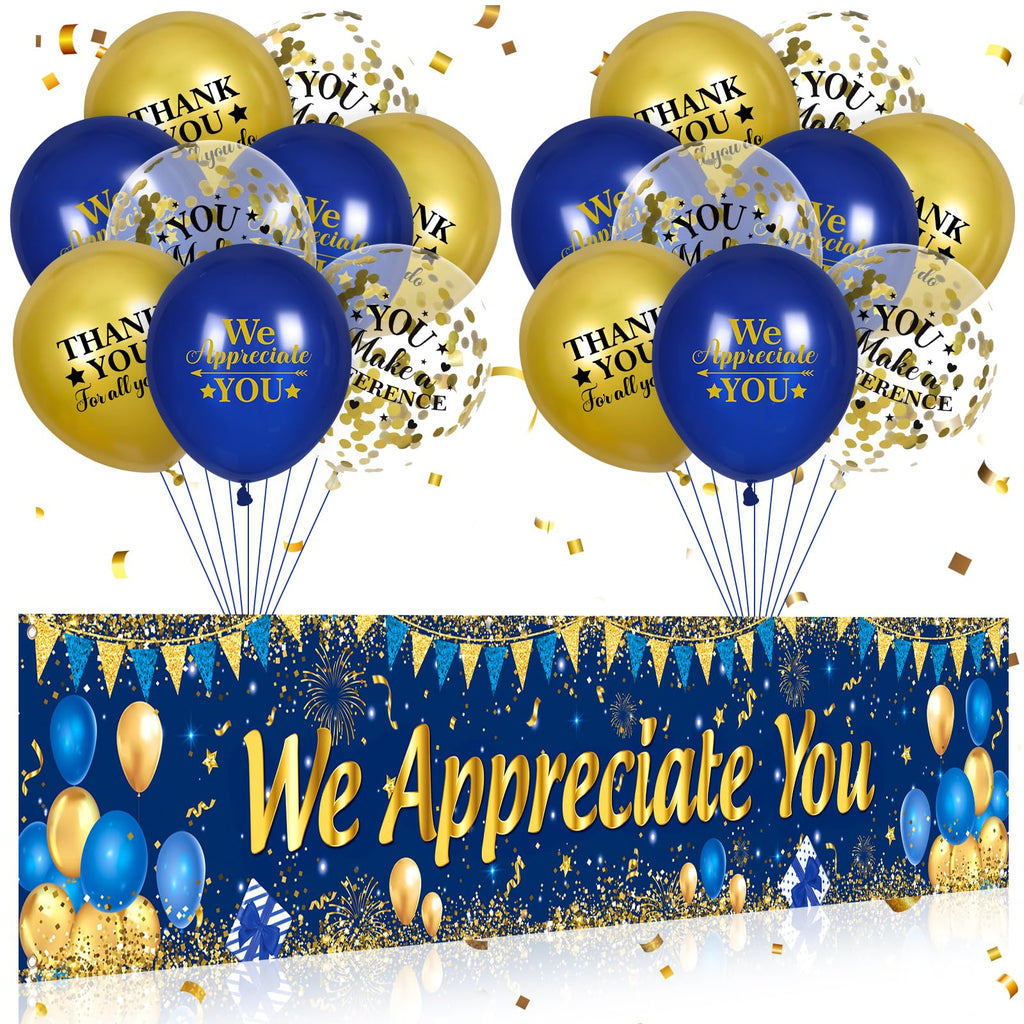 Yoirrat Blue Gold We Appreciate You Banner & 18 Balloons Set for Thank You Parties