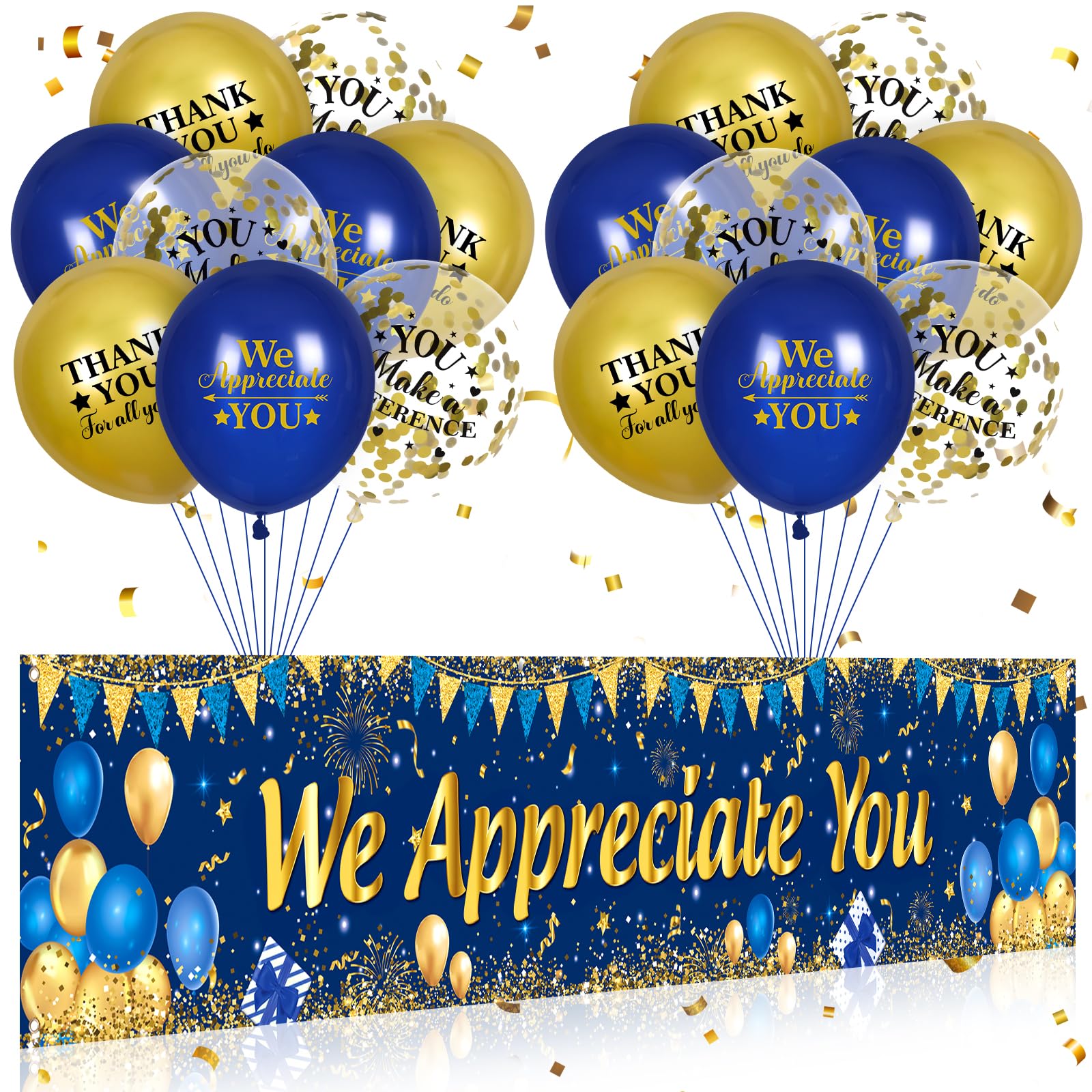 Yoirrat Blue Gold We Appreciate You Banner & 18 Balloons Set for Thank You Parties