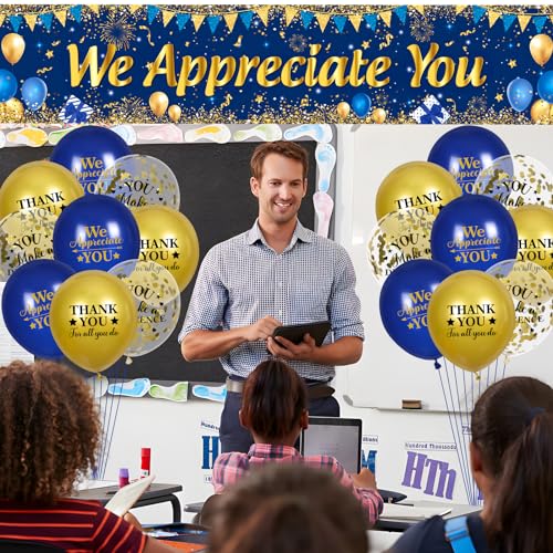 Yoirrat Blue Gold We Appreciate You Banner & 18 Balloons Set for Thank You Parties
