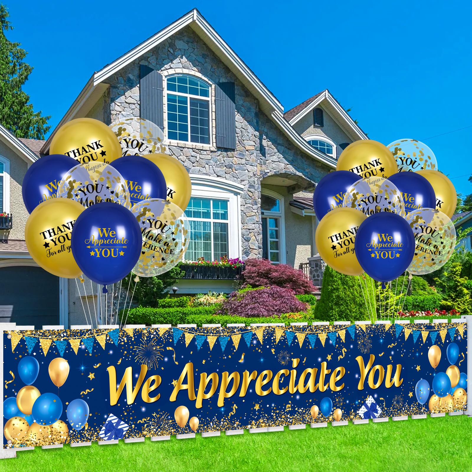 Yoirrat Blue Gold We Appreciate You Banner & 18 Balloons Set for Thank You Parties