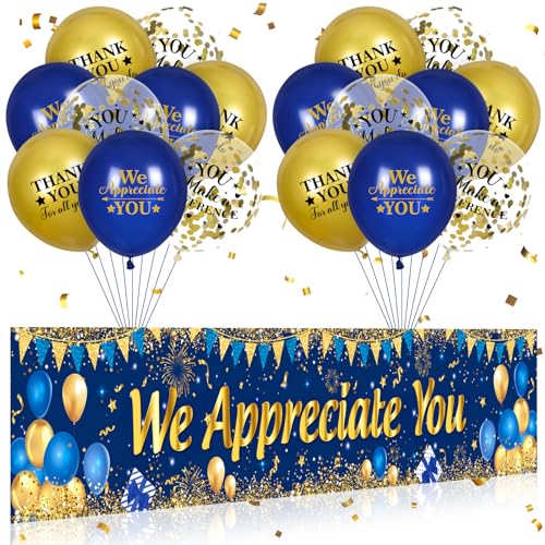 Yoirrat Blue Gold We Appreciate You Banner & 18 Balloons Set for Thank You Parties