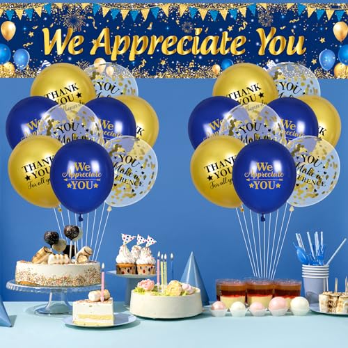 Yoirrat Blue Gold We Appreciate You Banner & 18 Balloons Set for Thank You Parties