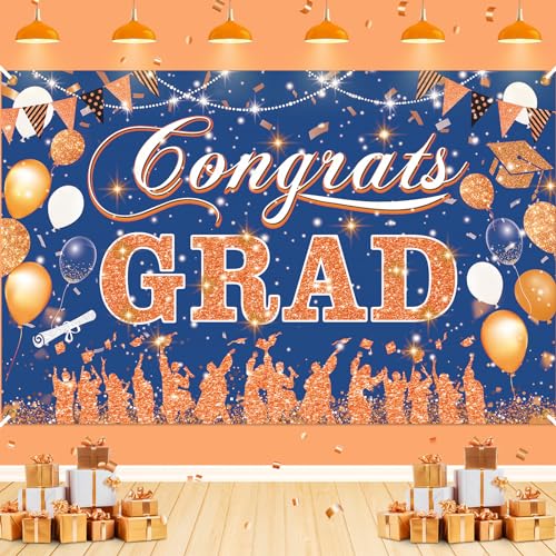Yoirrat Blue Orange Congrats Grad Banner 2026 - 70.8x43.3 inch Graduation Decoration for Class of 2026 High School College Party
