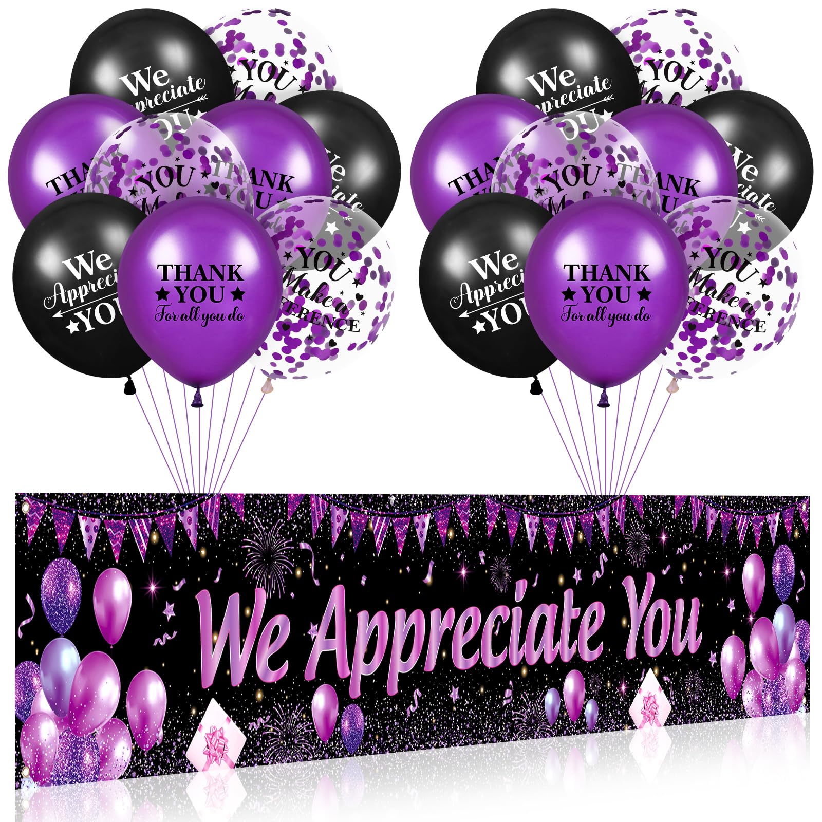 Yoirrat Purple We Appreciate You Banner Set with 18 Balloons – 98x18 Inch Thank You Yard Sign for Employee, Teacher, Doctor Appreciation Party Decorations