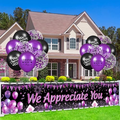 Yoirrat Purple We Appreciate You Banner Set with 18 Balloons – 98x18 Inch Thank You Yard Sign for Employee, Teacher, Doctor Appreciation Party Decorations