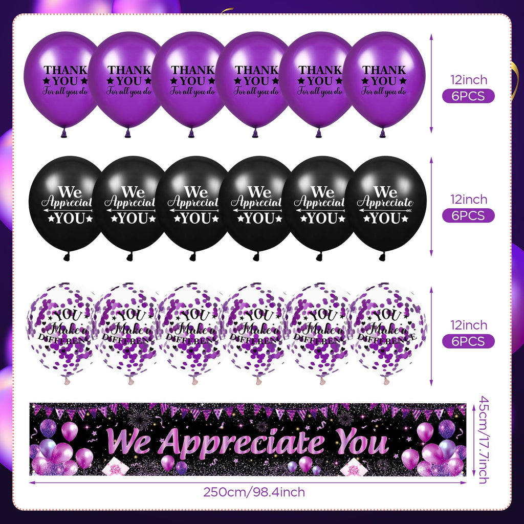 Yoirrat Purple We Appreciate You Banner Set with 18 Balloons – 98x18 Inch Thank You Yard Sign for Employee, Teacher, Doctor Appreciation Party Decorations