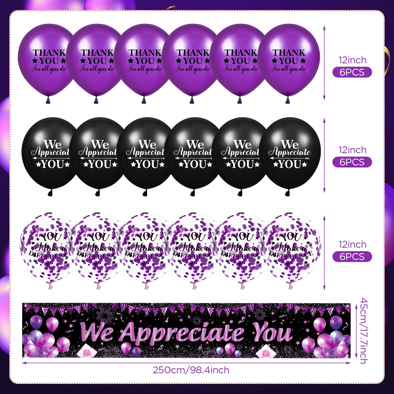 Yoirrat Purple We Appreciate You Banner Set with 18 Balloons – 98x18 Inch Thank You Yard Sign for Employee, Teacher, Doctor Appreciation Party Decorations