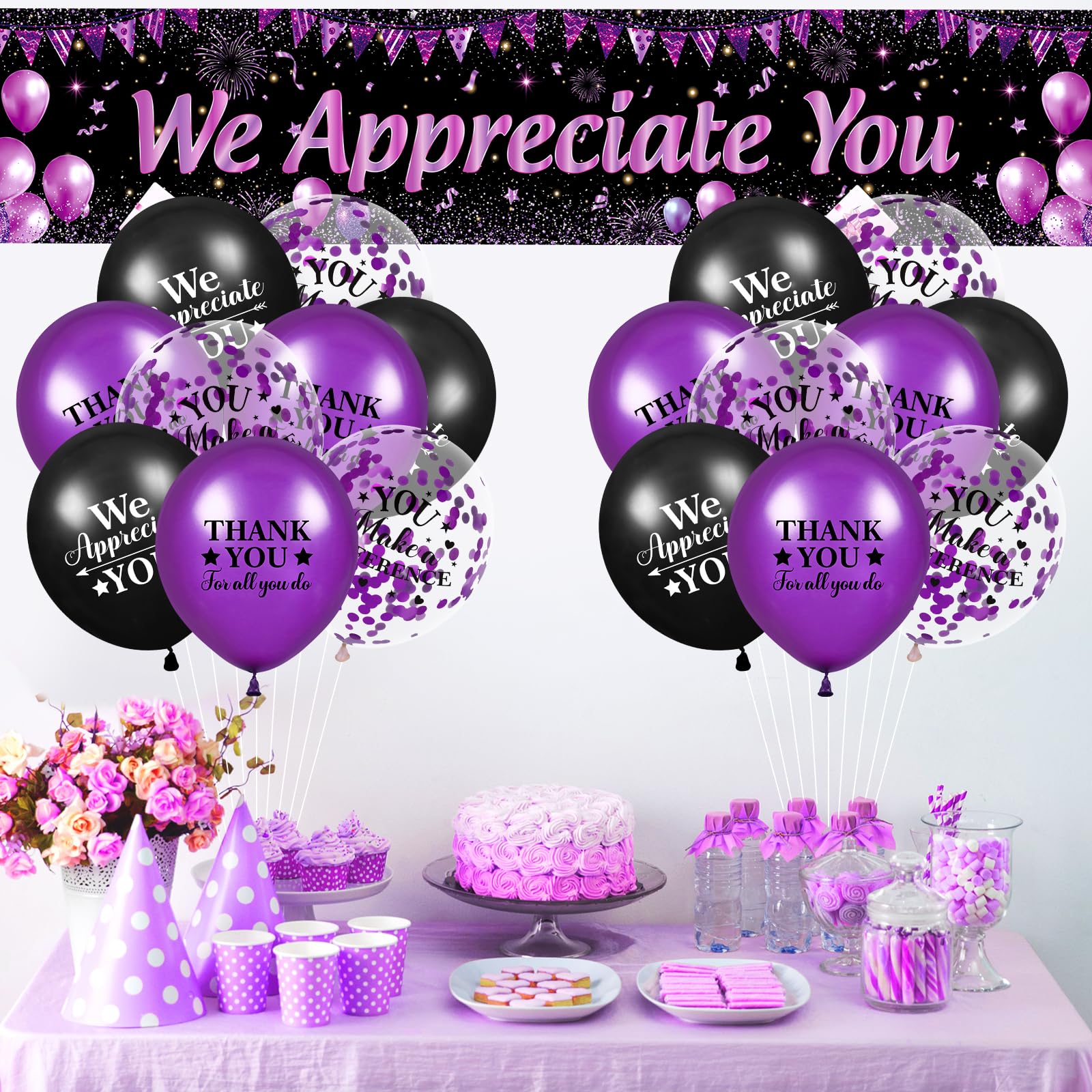 Yoirrat Purple We Appreciate You Banner Set with 18 Balloons – 98x18 Inch Thank You Yard Sign for Employee, Teacher, Doctor Appreciation Party Decorations