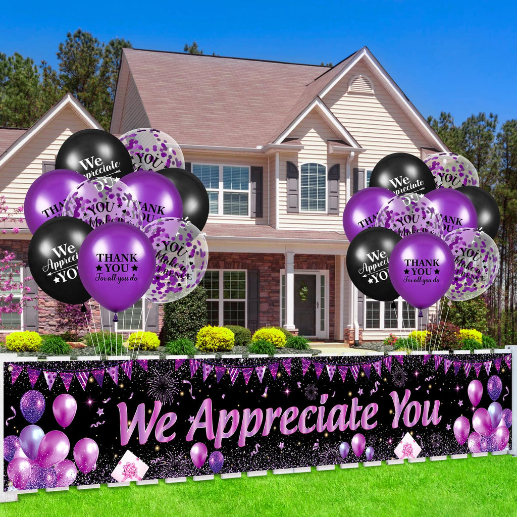 Yoirrat Purple We Appreciate You Banner Set with 18 Balloons – 98x18 Inch Thank You Yard Sign for Employee, Teacher, Doctor Appreciation Party Decorations