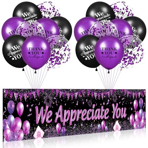 Yoirrat Purple We Appreciate You Banner Set with 18 Balloons – 98x18 Inch Thank You Yard Sign for Employee, Teacher, Doctor Appreciation Party Decorations