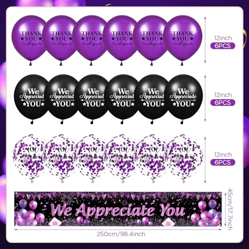 Yoirrat Purple We Appreciate You Banner Set with 18 Balloons – 98x18 Inch Thank You Yard Sign for Employee, Teacher, Doctor Appreciation Party Decorations