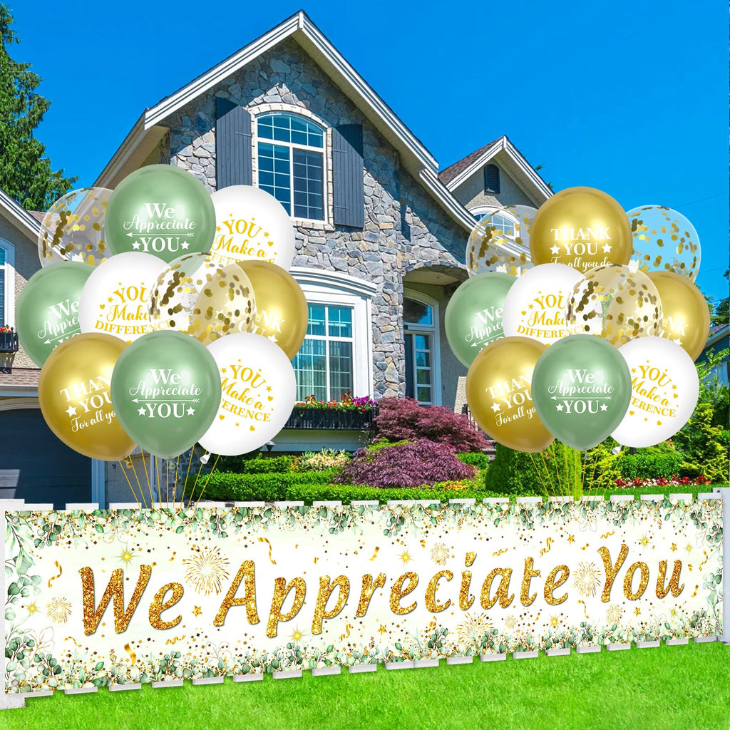 Yoirrat Sage Green We Appreciate You Banner Set - 18 Balloons & Yard Sign for Employee Staff Teacher Appreciation Party