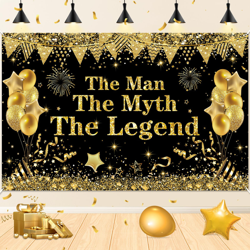 Yoirrat The Man The Myth The Legend Backdrop Banner – Black Gold Glitter Party Decor for Men