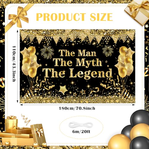 Yoirrat The Man The Myth The Legend Backdrop Banner – Black Gold Glitter Party Decor for Men
