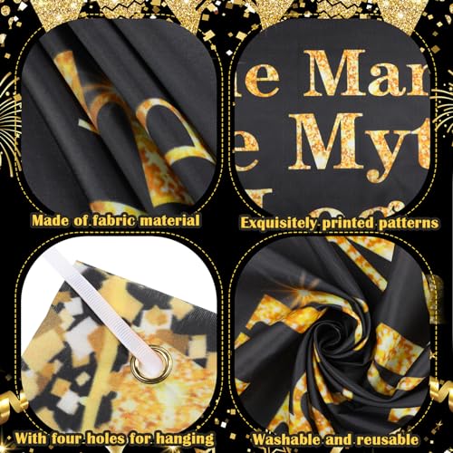 Yoirrat The Man The Myth The Legend Backdrop Banner – Black Gold Glitter Party Decor for Men