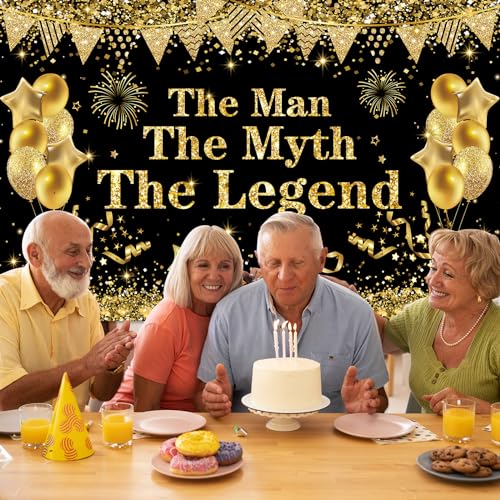 Yoirrat The Man The Myth The Legend Backdrop Banner – Black Gold Glitter Party Decor for Men