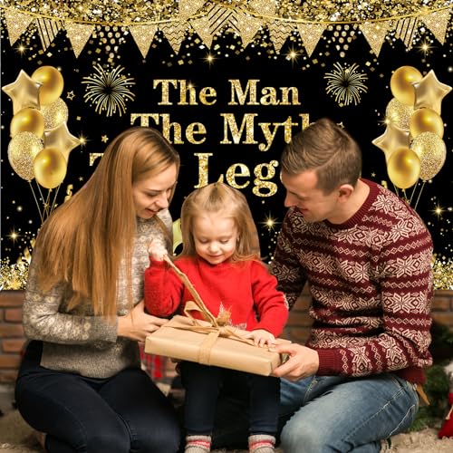 Yoirrat The Man The Myth The Legend Backdrop Banner – Black Gold Glitter Party Decor for Men