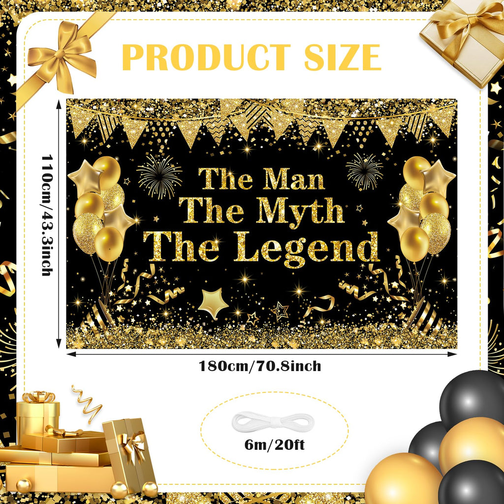Yoirrat The Man The Myth The Legend Backdrop Banner – Black Gold Glitter Party Decor for Men