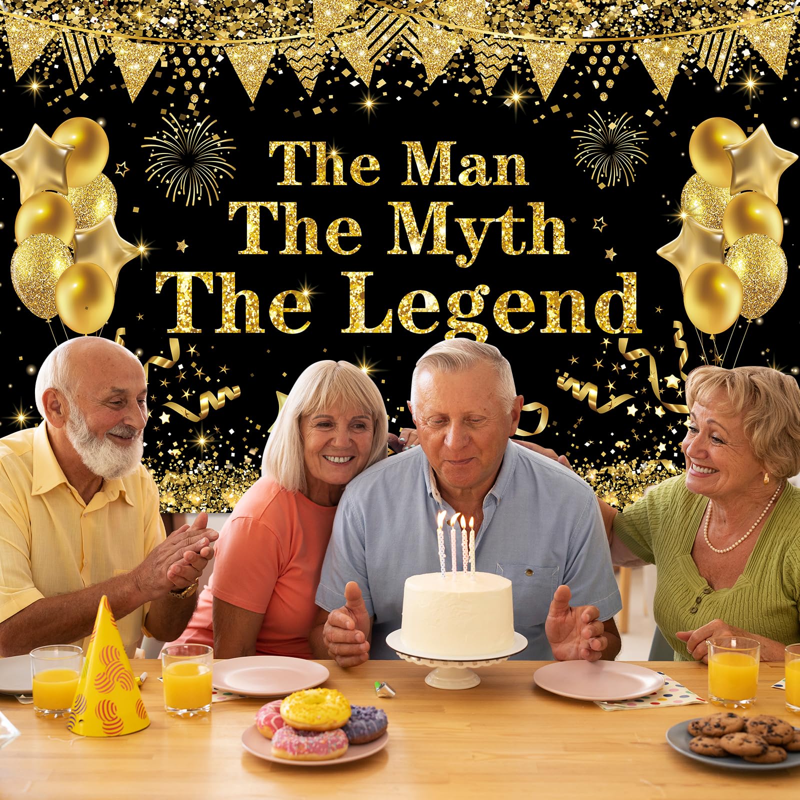 Yoirrat The Man The Myth The Legend Backdrop Banner – Black Gold Glitter Party Decor for Men