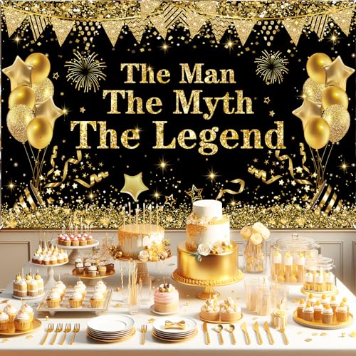 Yoirrat The Man The Myth The Legend Backdrop Banner – Black Gold Glitter Party Decor for Men