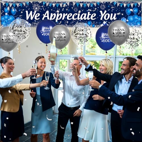 Yoirrat We Appreciate You Banner and Balloon Set – Blue Silver Appreciation Party Decor