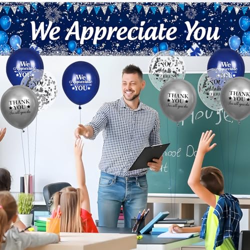 Yoirrat We Appreciate You Banner and Balloon Set – Blue Silver Appreciation Party Decor