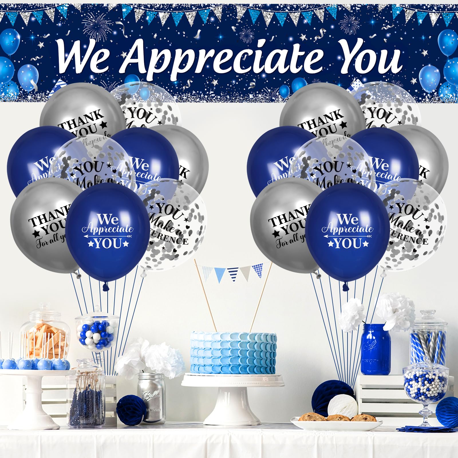Yoirrat We Appreciate You Banner and Balloon Set – Blue Silver Appreciation Party Decor