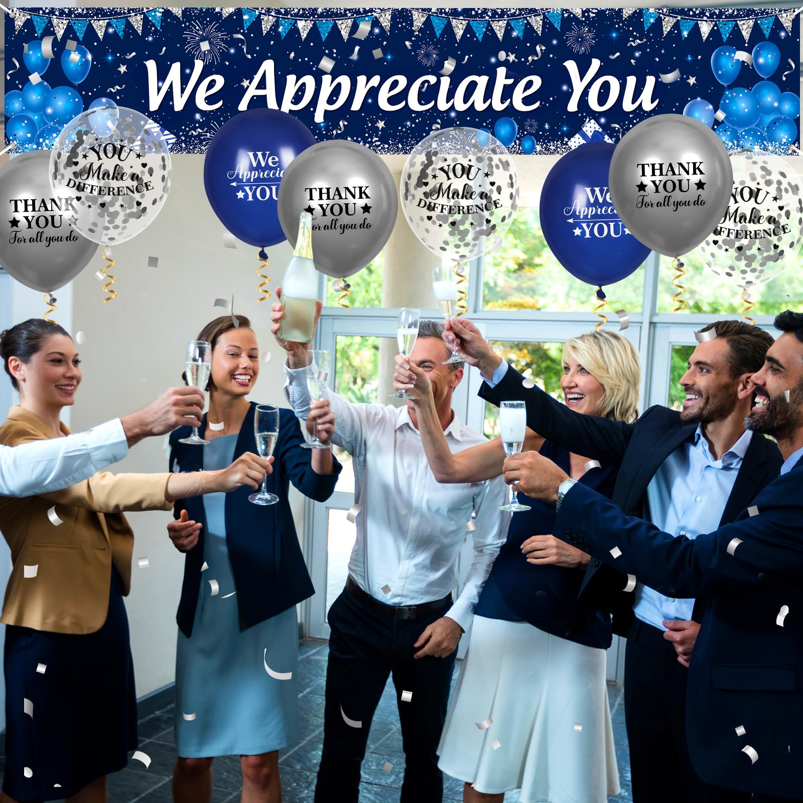 Yoirrat We Appreciate You Banner and Balloon Set – Blue Silver Appreciation Party Decor