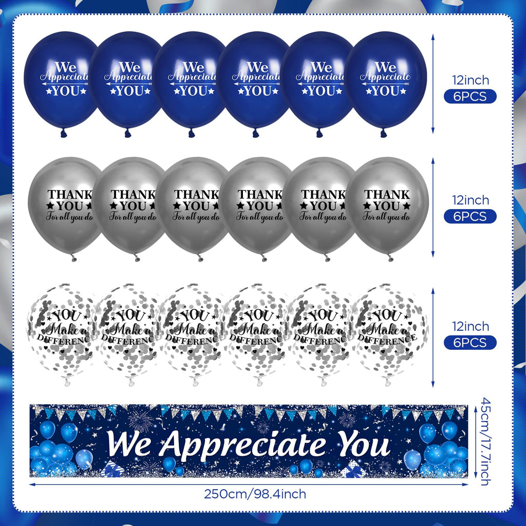 Yoirrat We Appreciate You Banner and Balloon Set – Blue Silver Appreciation Party Decor