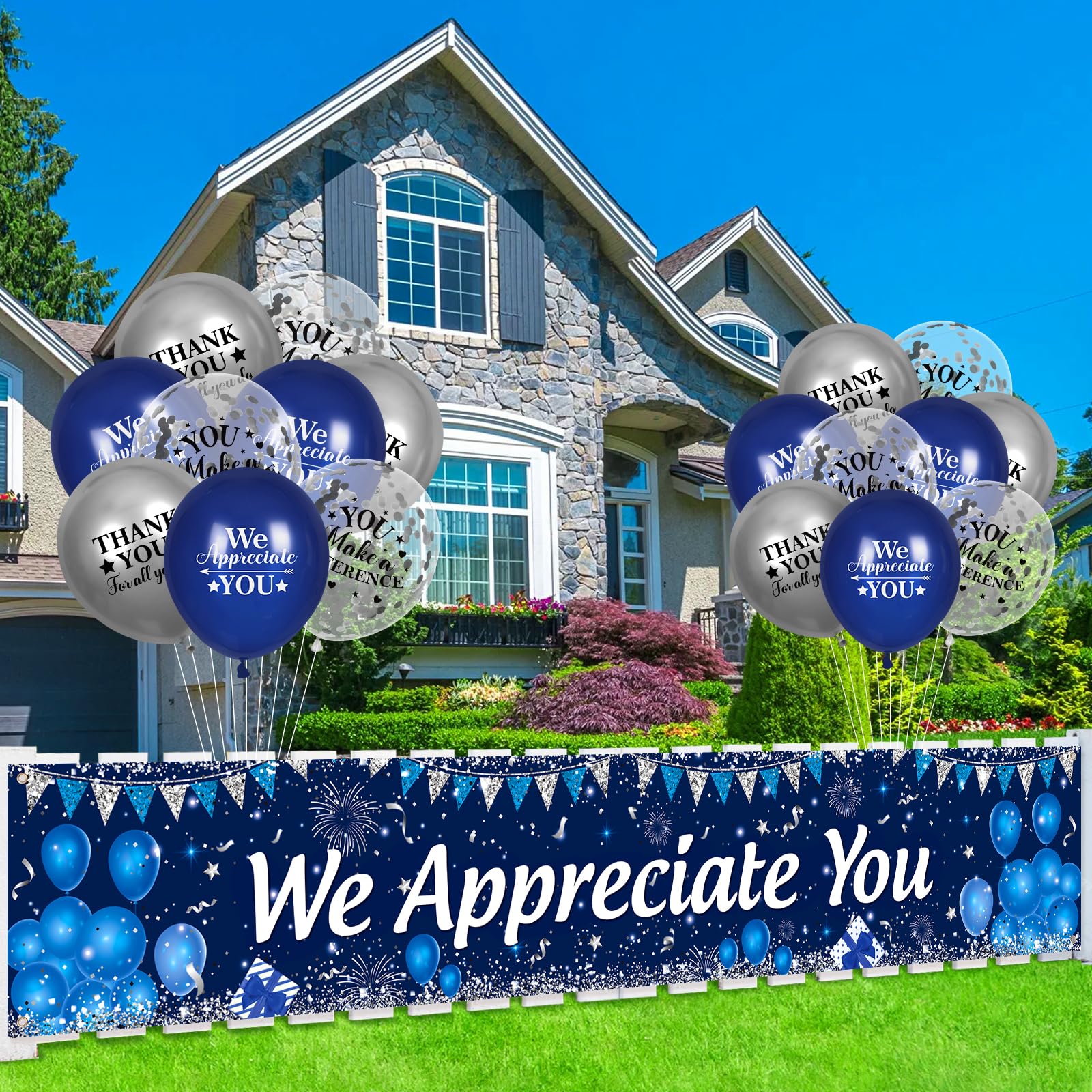 Yoirrat We Appreciate You Banner and Balloon Set – Blue Silver Appreciation Party Decor