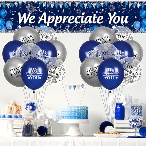 Yoirrat We Appreciate You Banner and Balloon Set – Blue Silver Appreciation Party Decor