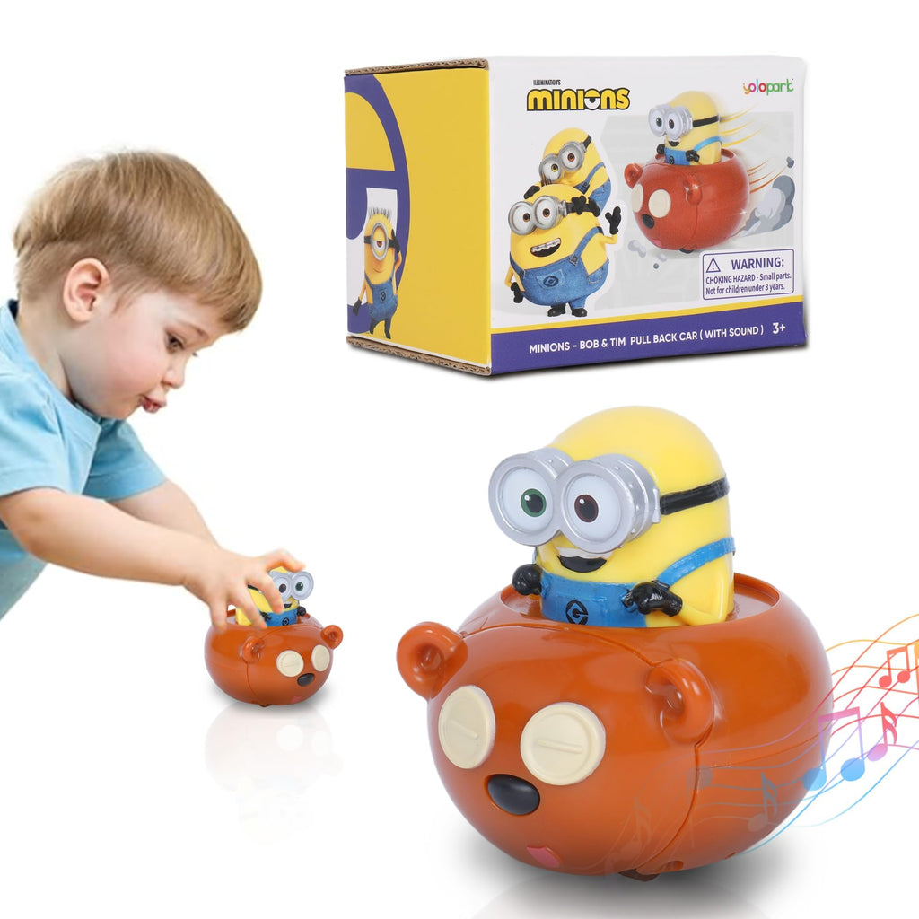 YOLOPARK Minions Bob & Tim Pull-Back Toy Car – 2.75 Inch with Sound Effects for Kids Ages 3+