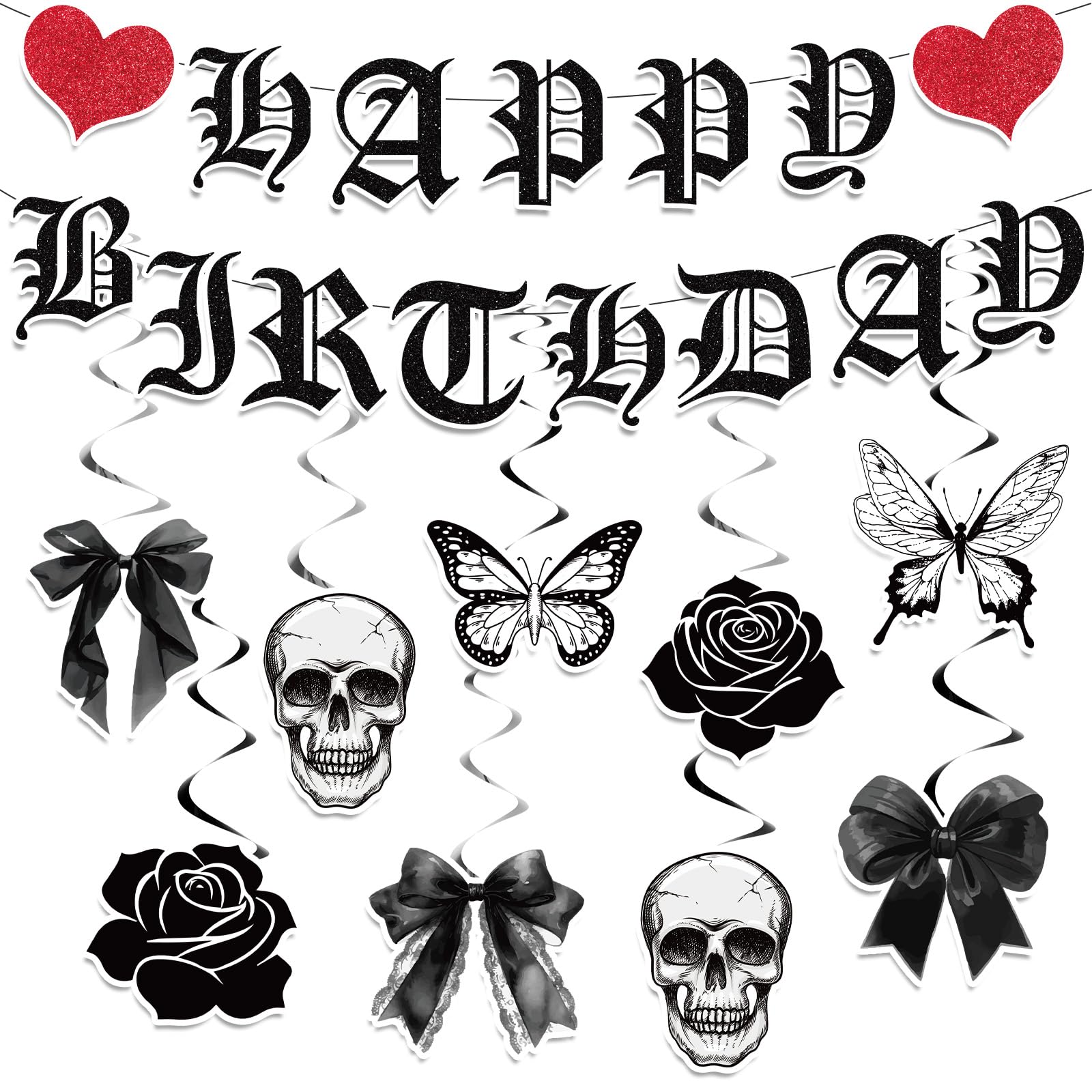 Yomaiha 11-Piece Gothic Birthday Decorations Set - Skull Black Bow Banners & Hanging Swirls for Death to My Twenties, Emo, Halloween Parties