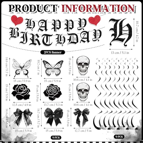 Yomaiha 11-Piece Gothic Birthday Decorations Set - Skull Black Bow Banners & Hanging Swirls for Death to My Twenties, Emo, Halloween Parties