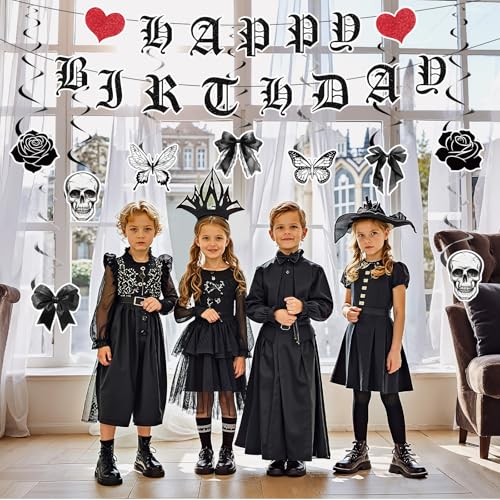 Yomaiha 11-Piece Gothic Birthday Decorations Set - Skull Black Bow Banners & Hanging Swirls for Death to My Twenties, Emo, Halloween Parties