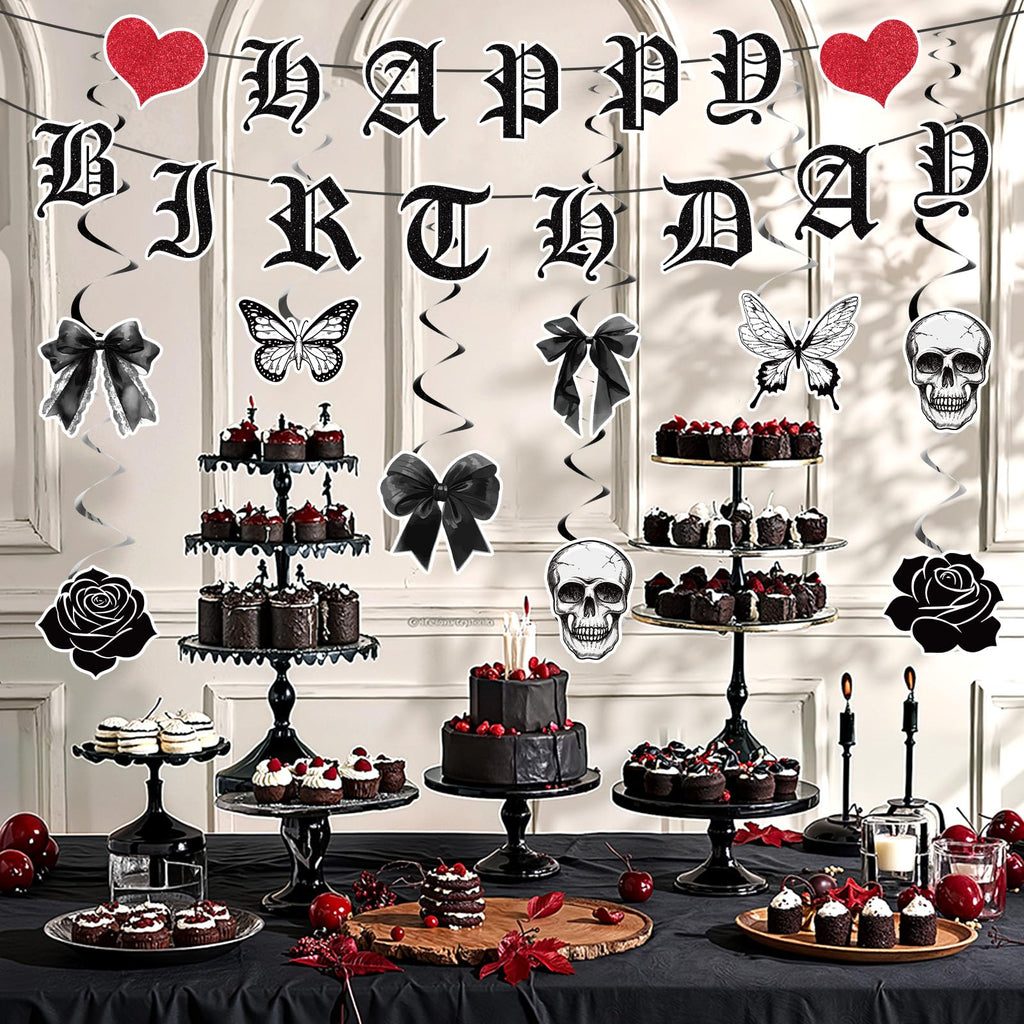Yomaiha 11-Piece Gothic Birthday Decorations Set - Skull Black Bow Banners & Hanging Swirls for Death to My Twenties, Emo, Halloween Parties