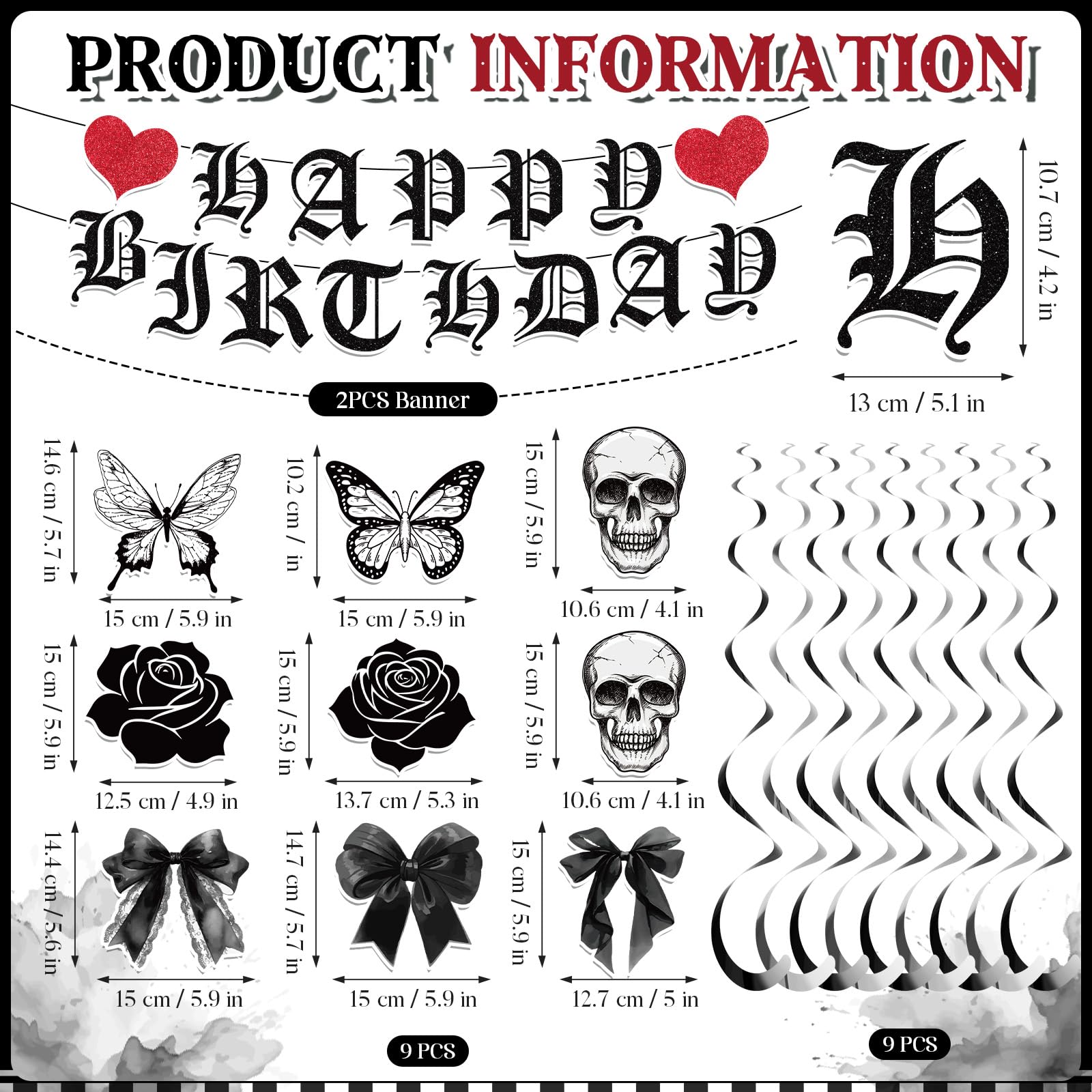 Yomaiha 11-Piece Gothic Birthday Decorations Set - Skull Black Bow Banners & Hanging Swirls for Death to My Twenties, Emo, Halloween Parties