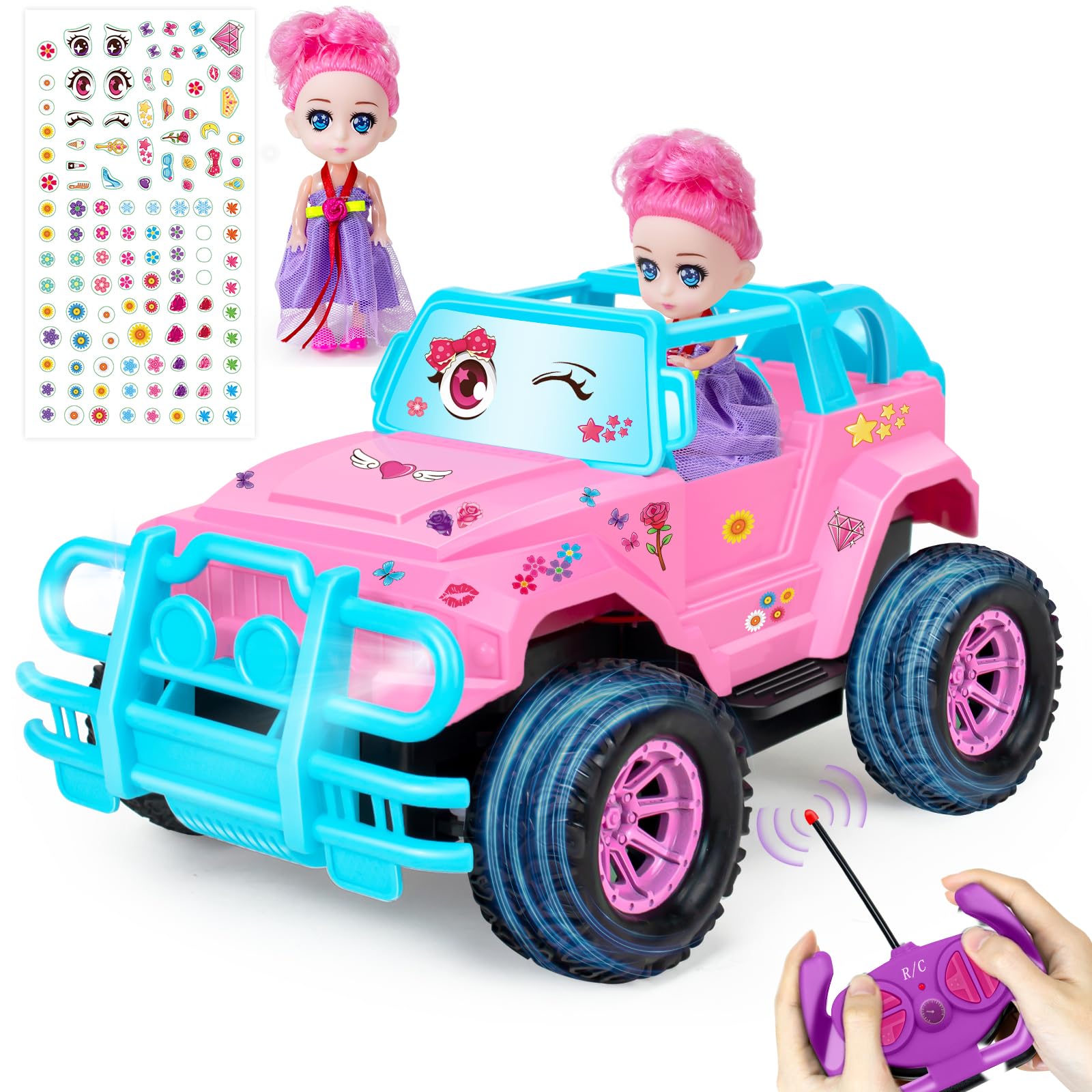 YongnKids 1:20 Scale Pink RC Truck for Kids 4-7 with Doll & Stickers - Remote Control Car Gift