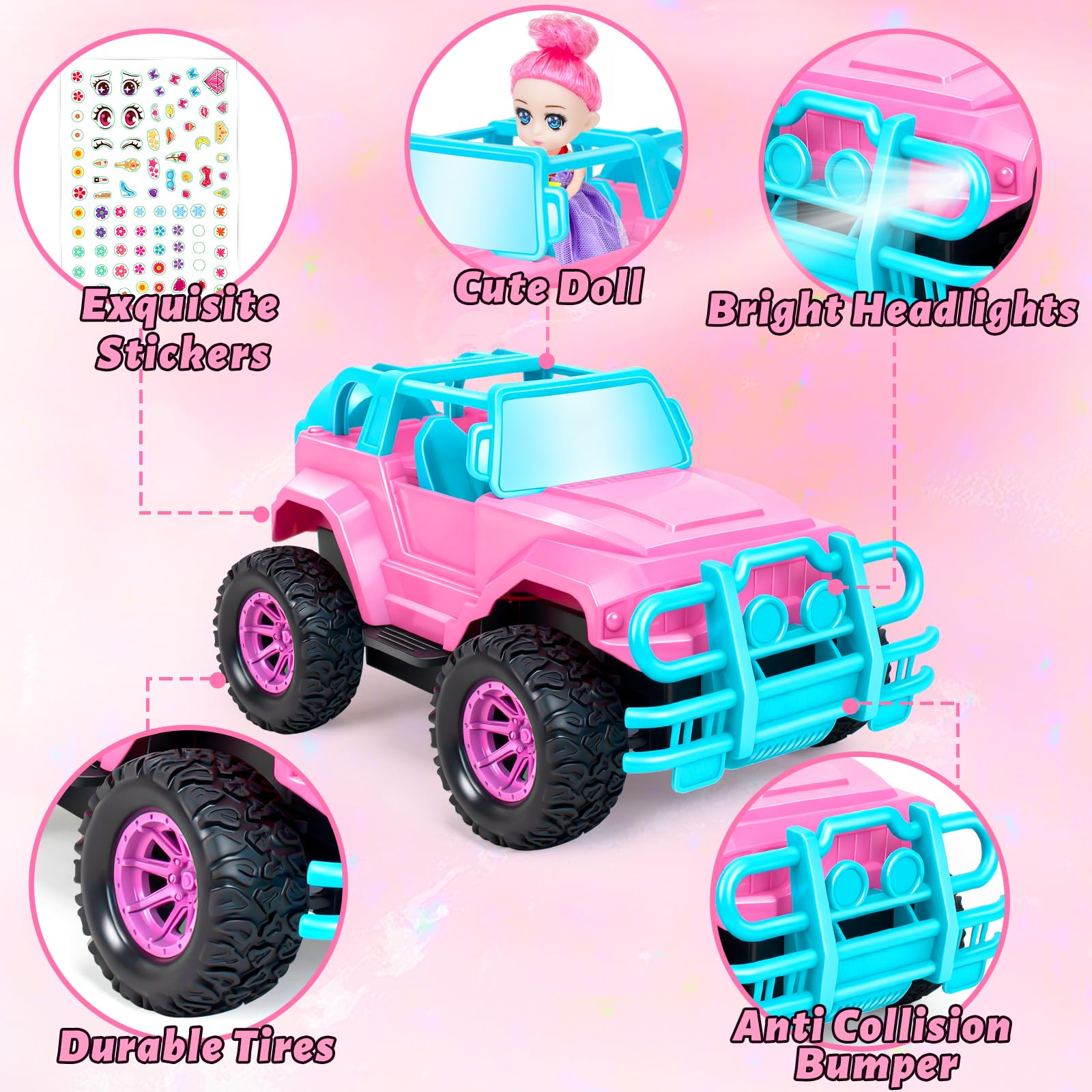 YongnKids 1:20 Scale Pink RC Truck for Kids 4-7 with Doll & Stickers - Remote Control Car Gift