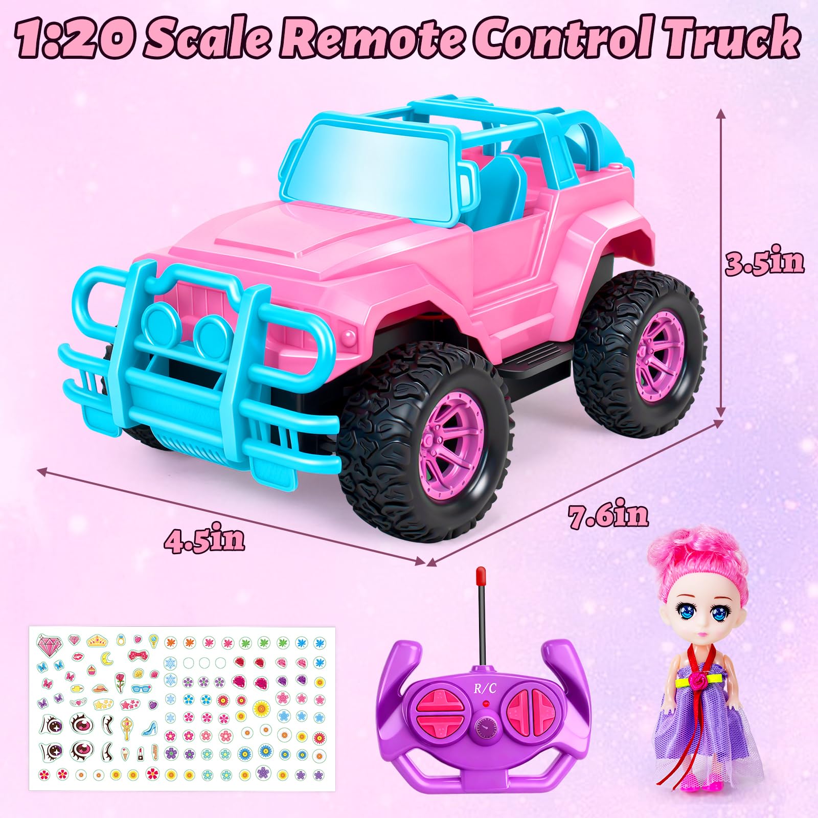 YongnKids 1:20 Scale Pink RC Truck for Kids 4-7 with Doll & Stickers - Remote Control Car Gift