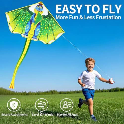 YongnKids Large Dinosaur Kite for Kids Ages 4-12: Easy to Fly, 120x210cm, 328ft String, Perfect for Beach & Park