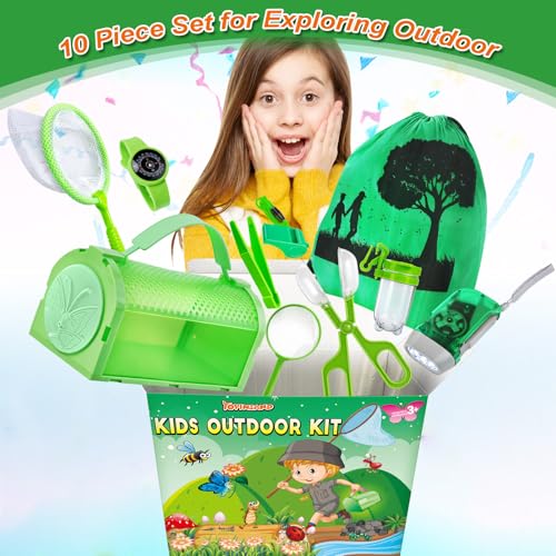 YOPINSAND 10-Piece Bug Catcher Kit for Kids - Outdoor Explorer Set with Backpack, Cage, Net & Compass Watch
